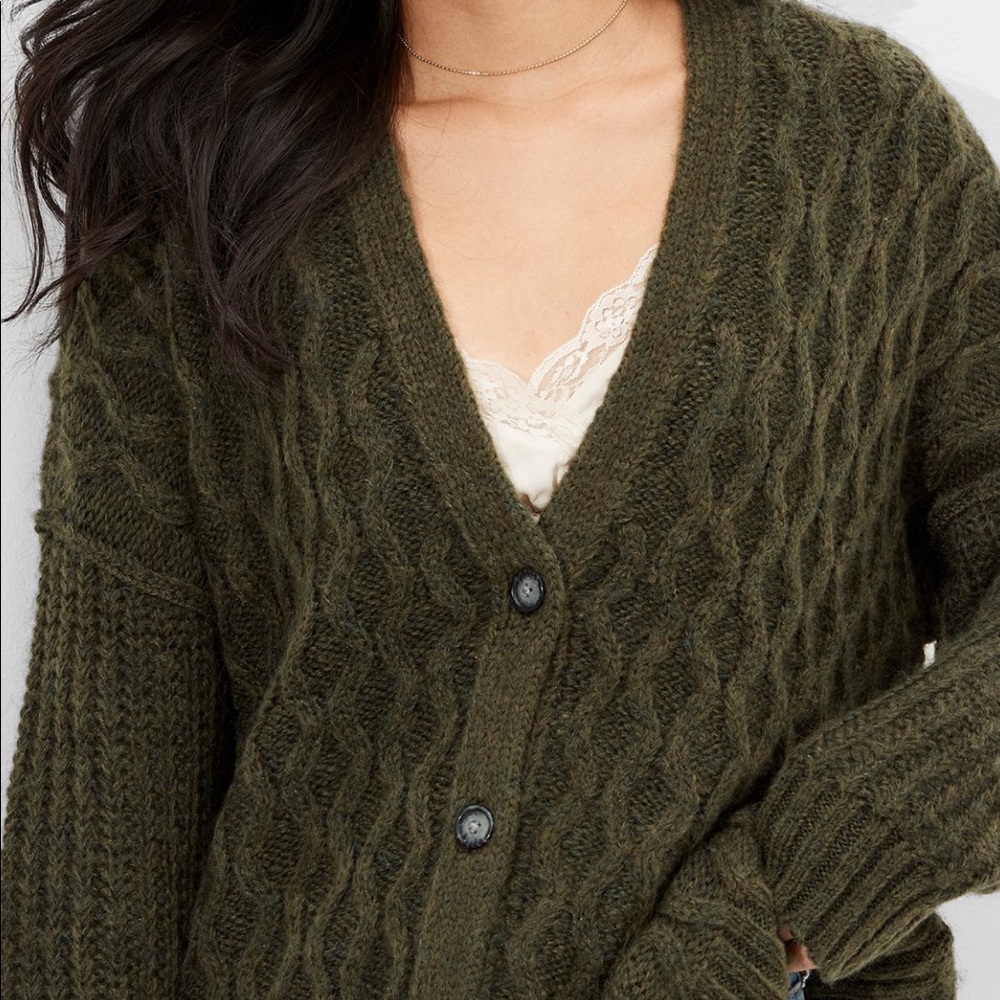 American Eagle Oversized Cable Cardigan Olive Green